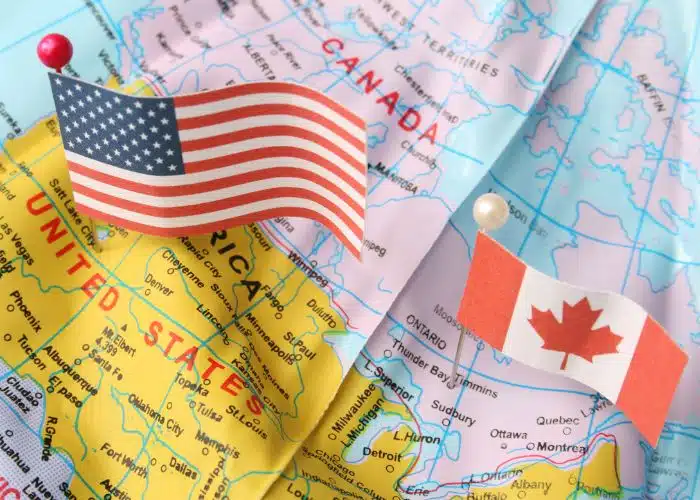 map of usa and canada with flags