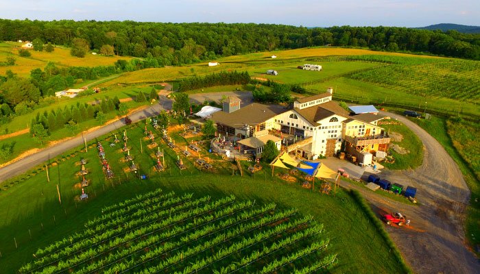 aerial photo of barrel oak winery in virginia with Rvs parked on hillside in distance
