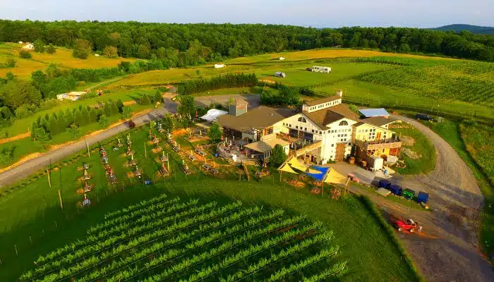 aerial photo of barrel oak winery in virginia with Rvs parked on hillside in distance