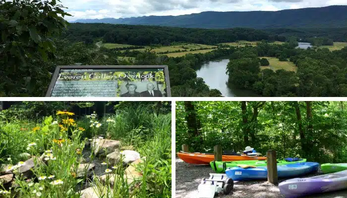 three photos of flowers, canoes and expansive views of Shenandoah river state park in virginia