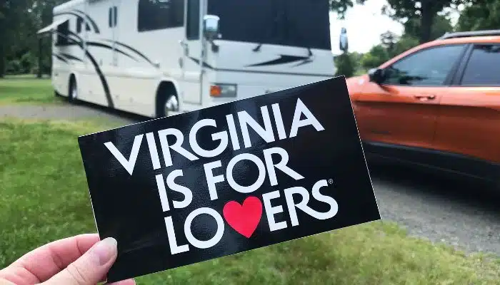 Virginia is for lovers bumper sticker with RV in background