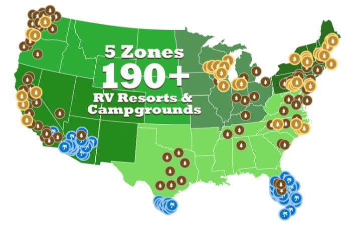 map of USA with color variations to indicate zones and icons for rv park locations