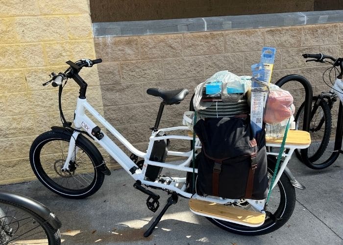 blix cargo ebike loaded with groceries at store