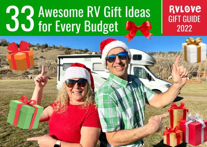man and woman with rv with holiday gifts
