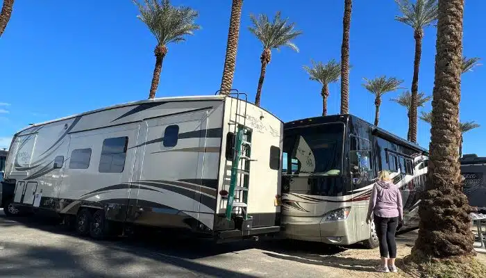 rv collision with class a rv and fifth wheel trailer