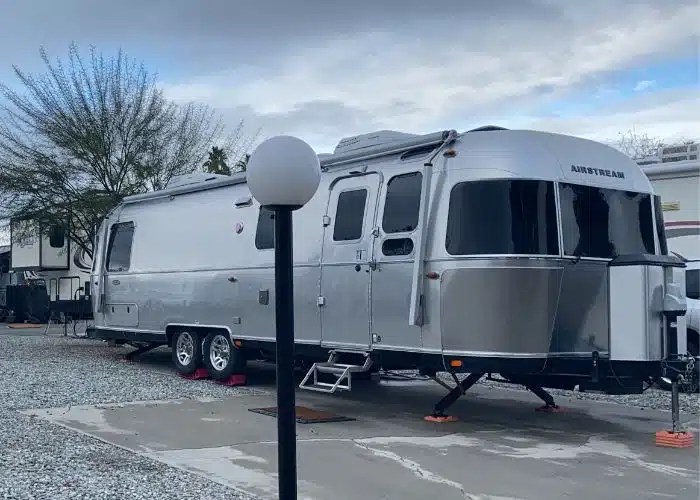 airstream parked in campsite at palm springs oasis