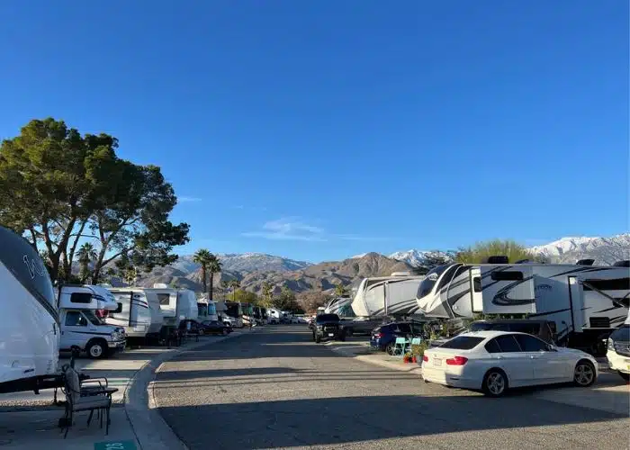 rvs parked in campsites with mountain backdrop