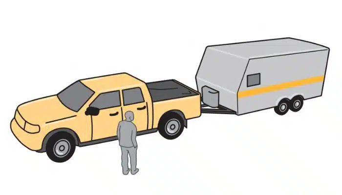 drawing of truck and rv with person standing outside to watch park