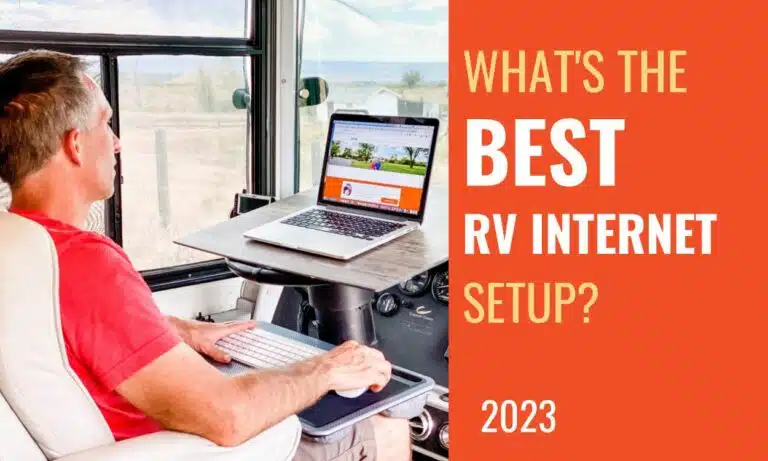 Best rv internet featured image 2023. person in RV working on computer via the internet