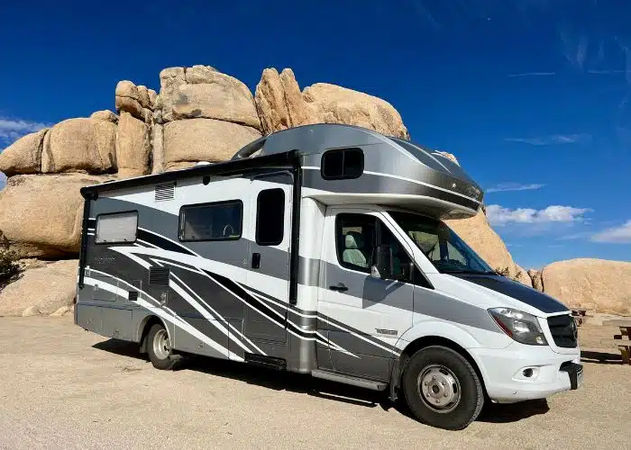 class c rv in campsite close up