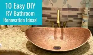 copper sink gold faucet and header 10 easy DIY RV Bathroom Renovation Ideas