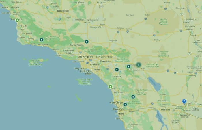 map of all southern California Thousand Trails campgrounds
