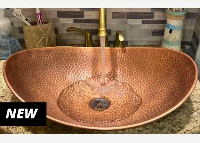 new rv bathroom sink hammered copper and gold faucet water running