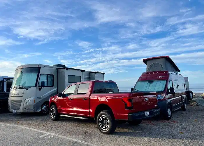 Ford lightning truck and rvs in beachfront campsites