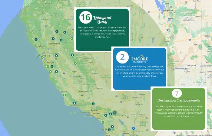 types of TT campgrounds and quantity plus map of California