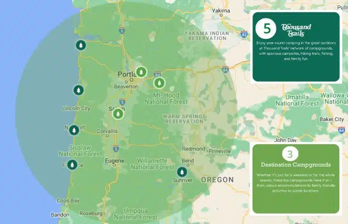 types of TT campgrounds and quantity plus map of Oregon