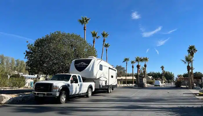Leaving Catalina RV Resort with our truck and rv