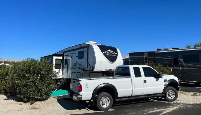 Our truck and fifthwheel in RV site at Catalina closeup