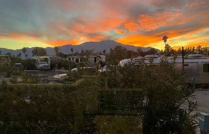 Sunset view from our RV window at Catalina Spa RV Resort