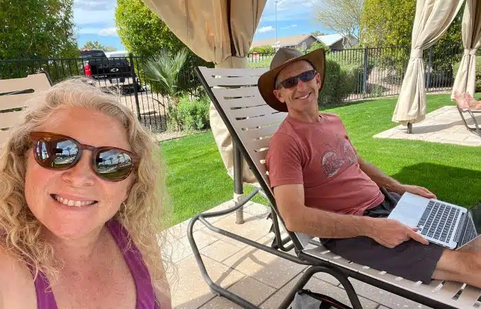 Marc and Julie working poolside at Viewpoint RV resort