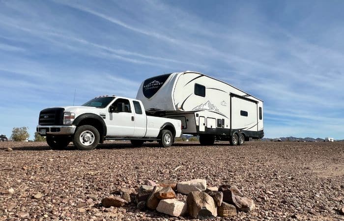 Our truck and trailer boondocking near Quartzsite